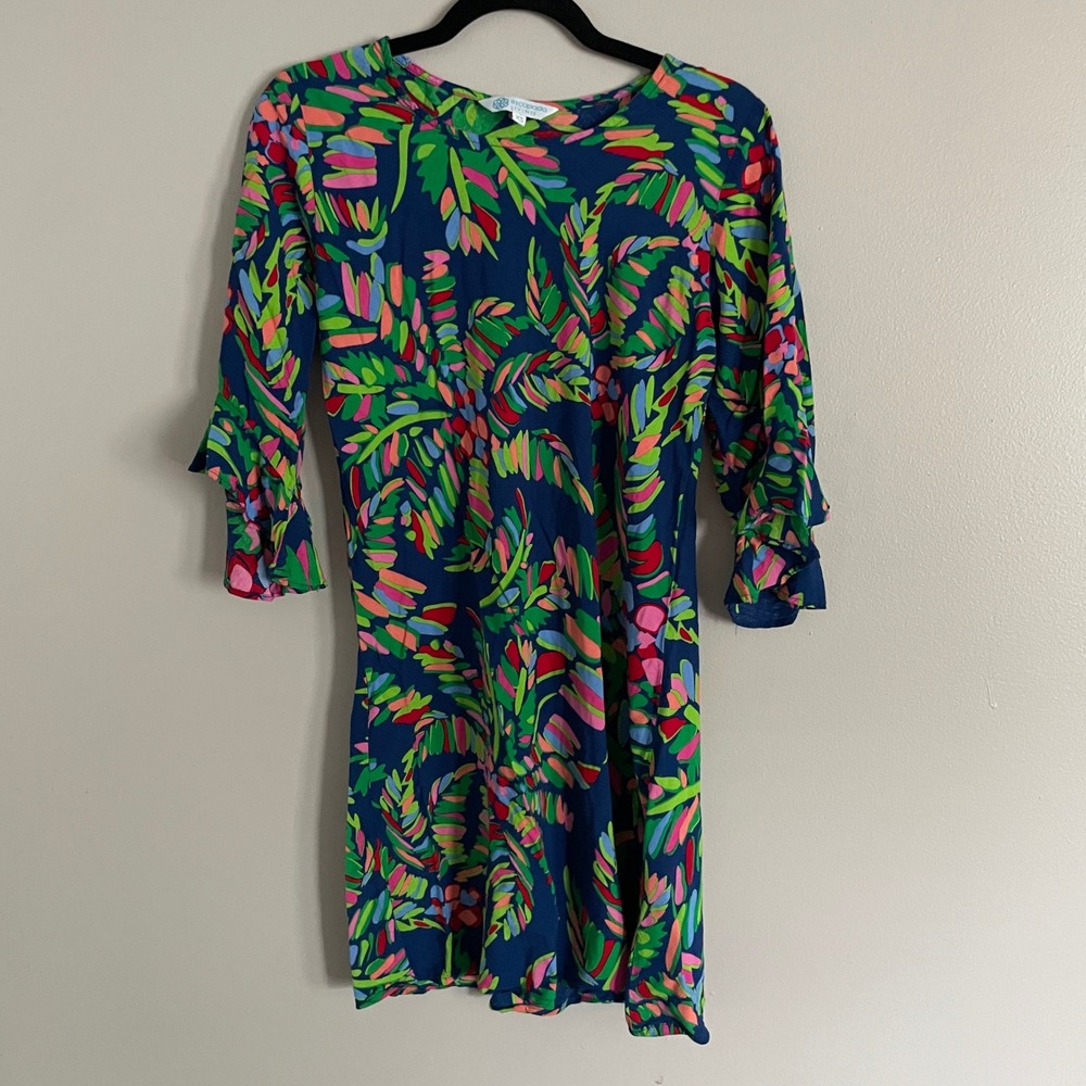 Escapada Dress Womens XS Blue Tropical Leaf 3/4 Bell Sleeve Shift Coastal Resort